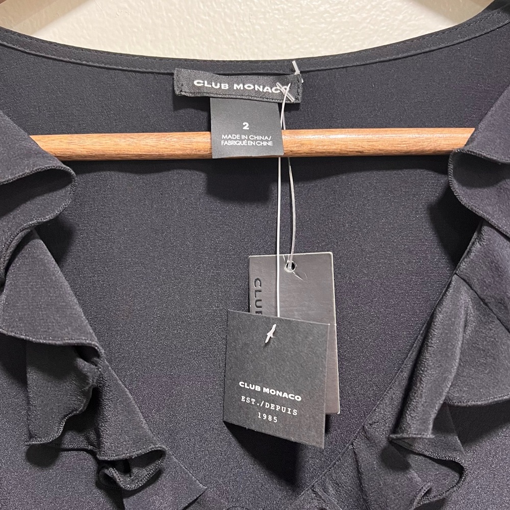 Club Monaco NWT Kiefira Mini Dress in Black, 100% Silk, Ruffles Side Ties, 2 - Picture 3 of 12